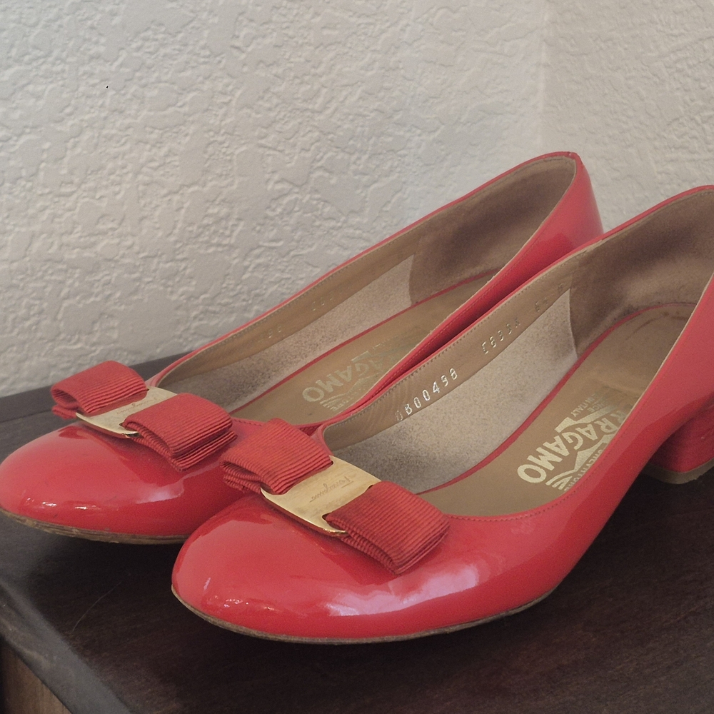 Salvatore Ferragamo Red Patent Vara Bow Low Heel Pumps